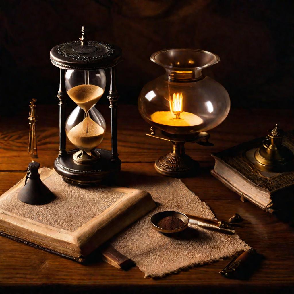 Песочные часы, перо и лампа на столе освещенные драматично