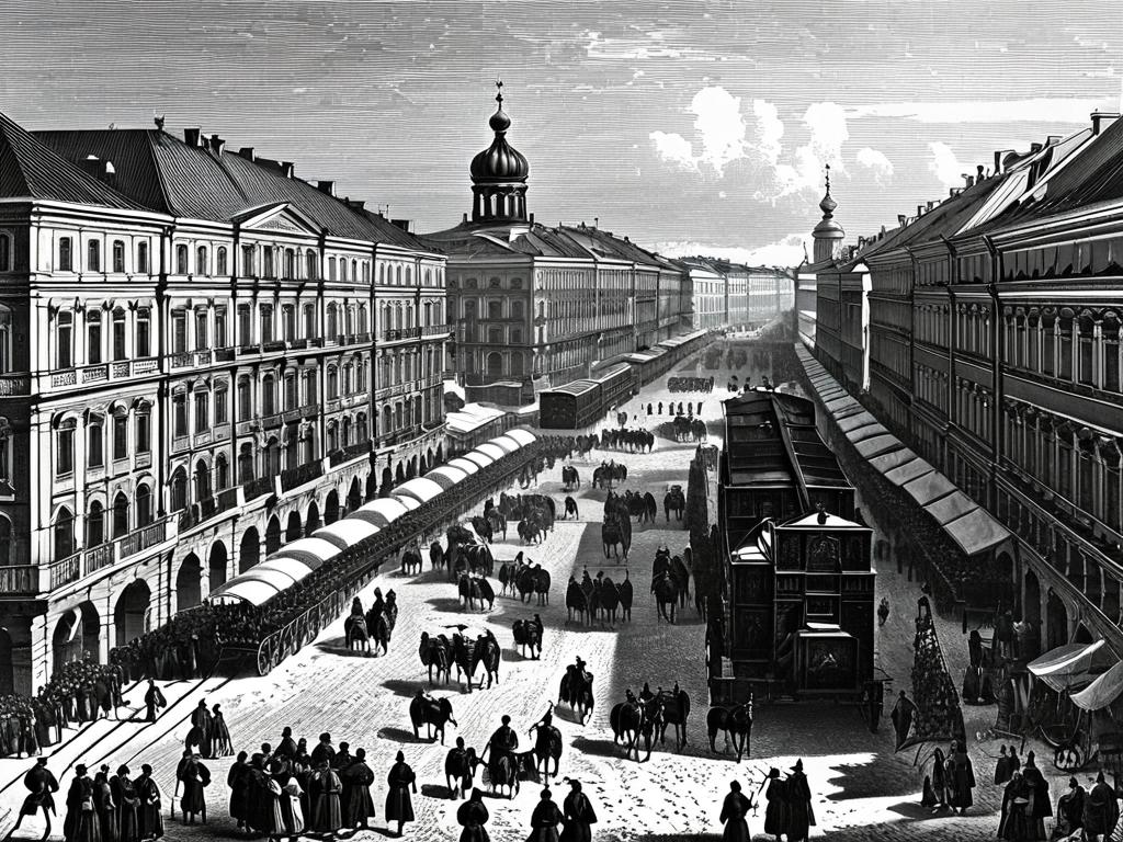 Старая гравюра с изображением Невского проспекта в Петербурге, где происходили события повести