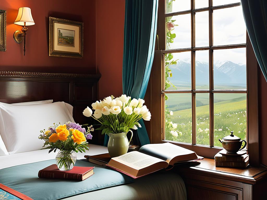 Уютный номер отеля в винтажном стиле с книгами, цветами и видом в окно